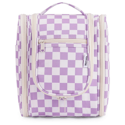 Narwey Small Checkered Hanging Travel Toiletry Bag front view in purple checkerboard