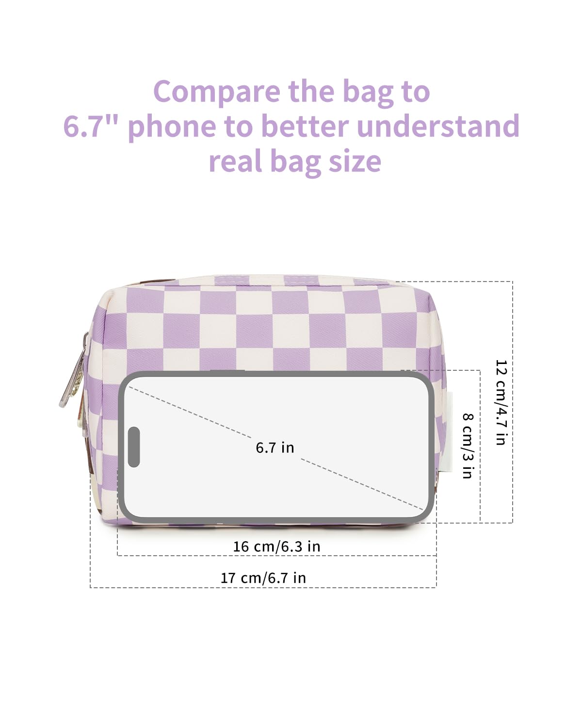 Narwey Small Checkered Makeup Bag displayed on a vanity