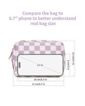 Narwey Small Checkered Makeup Bag displayed on a vanity