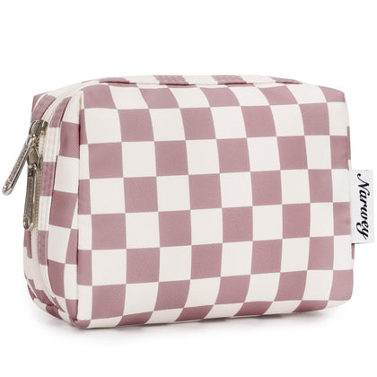 Narwey Small Checkered Makeup Bag front view in Dusty Rose