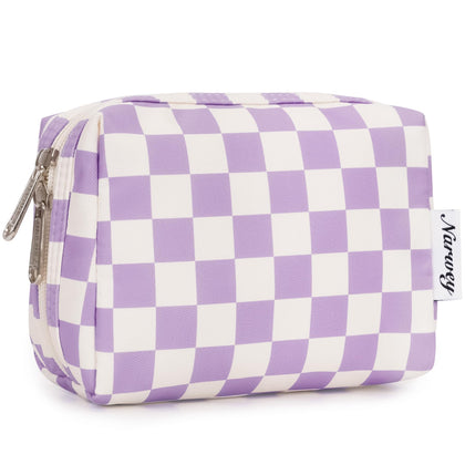 Narwey Small Checkered Makeup Bag in purple checkerboard design front view
