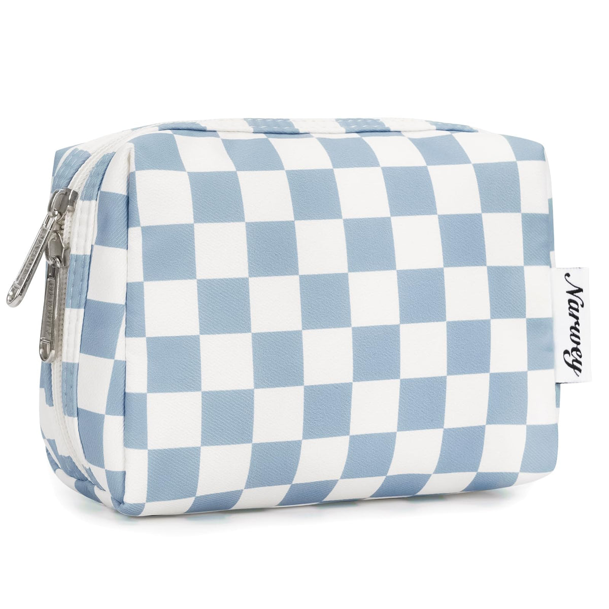 Narwey small checkered makeup bag in sky blue with compartments visible