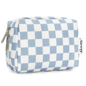 Narwey small checkered makeup bag in sky blue with compartments visible
