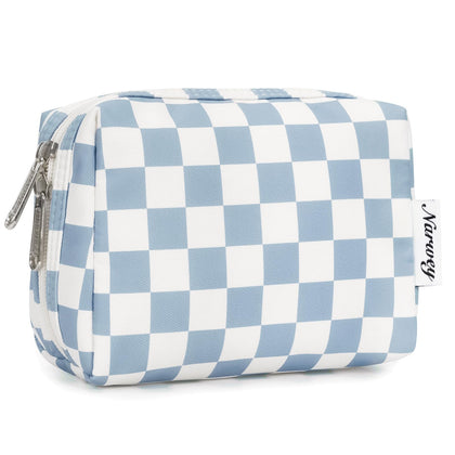 Narwey small checkered makeup bag in sky blue with compartments visible