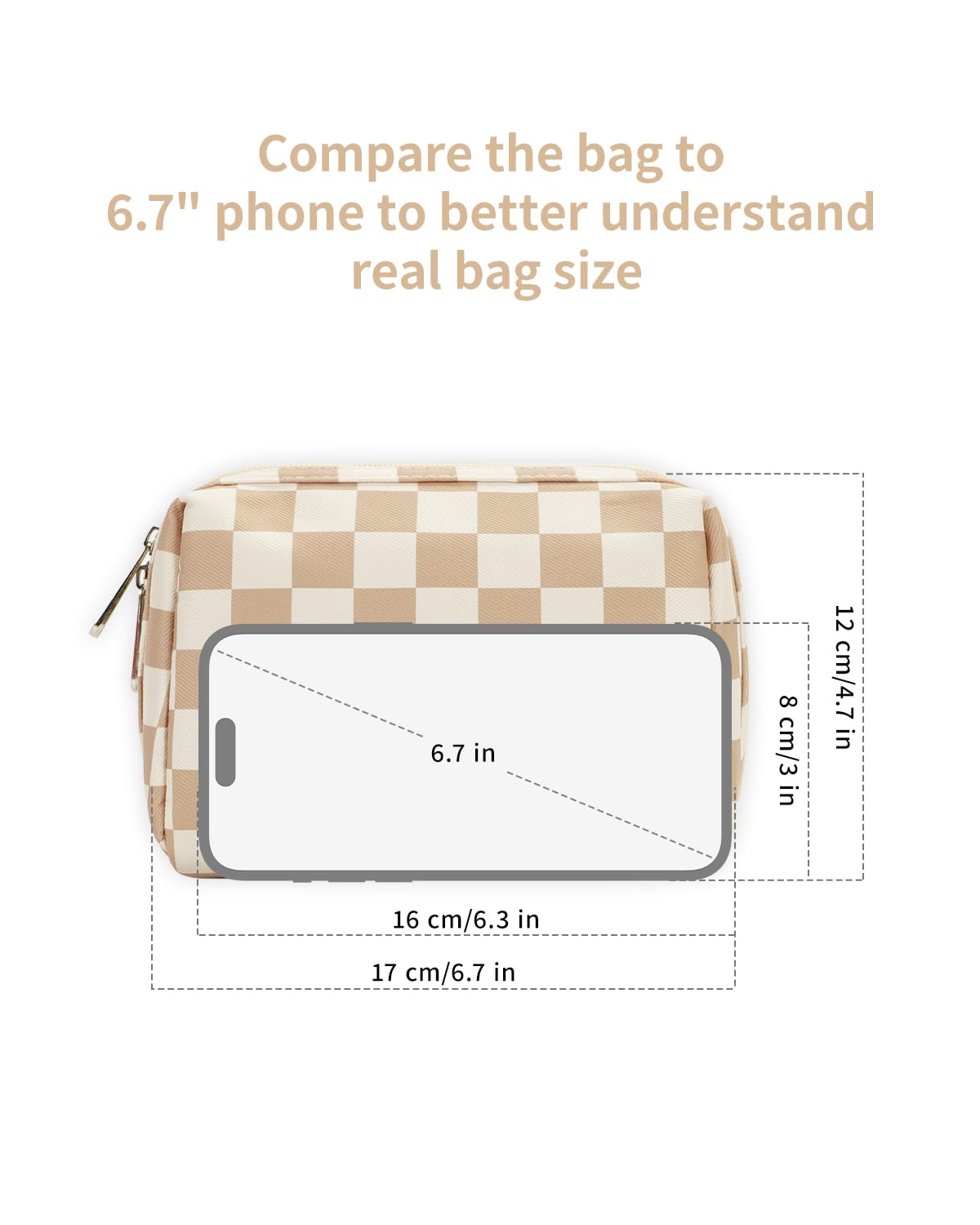Narwey Small Checkered Makeup Bag open showing inner pockets