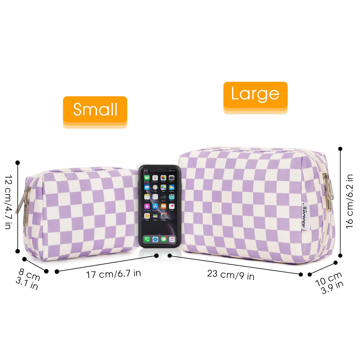Narwey Small Checkered Makeup Bag with a travel mirror and brushes
