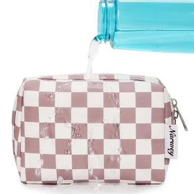 Narwey Small Checkered Makeup Bag with zippers close-up