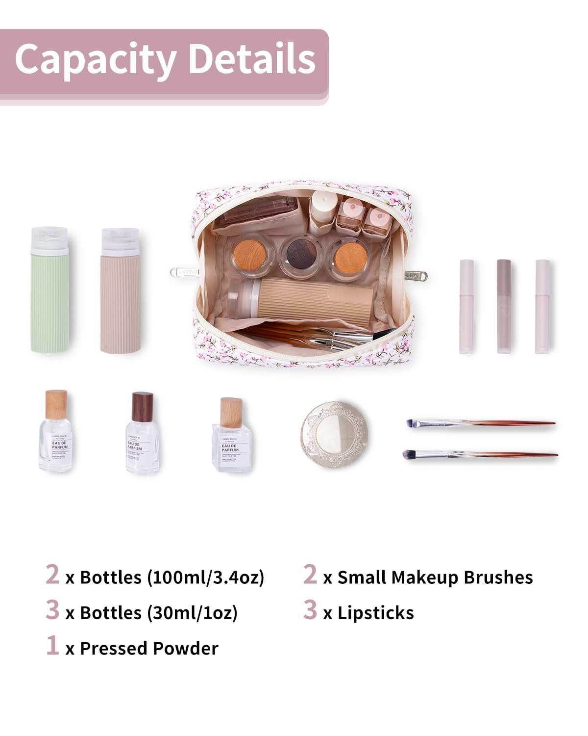 Narwey Small Floral Makeup Bag opened showing multiple compartments