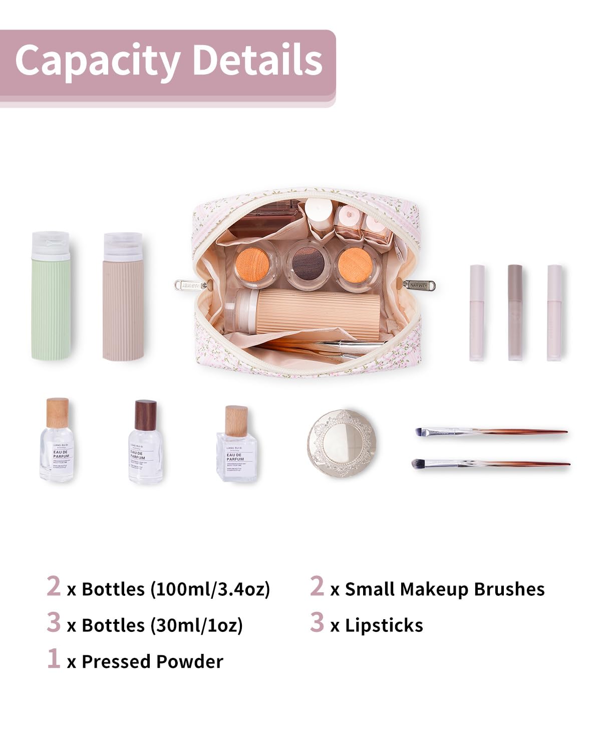 Narwey Small Floral Makeup Bag showing multiple compartments