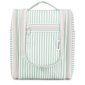 Narwey Small Striped Hanging Toiletry Bag front view in Mint Green Stripe