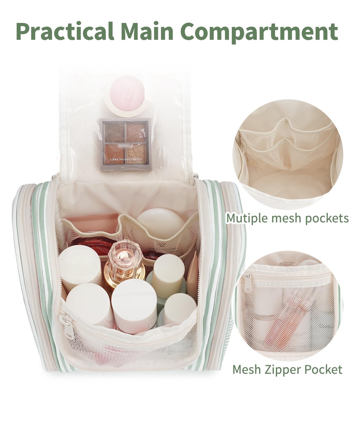Narwey Small Striped Hanging Toiletry Bag hanging from a towel rack