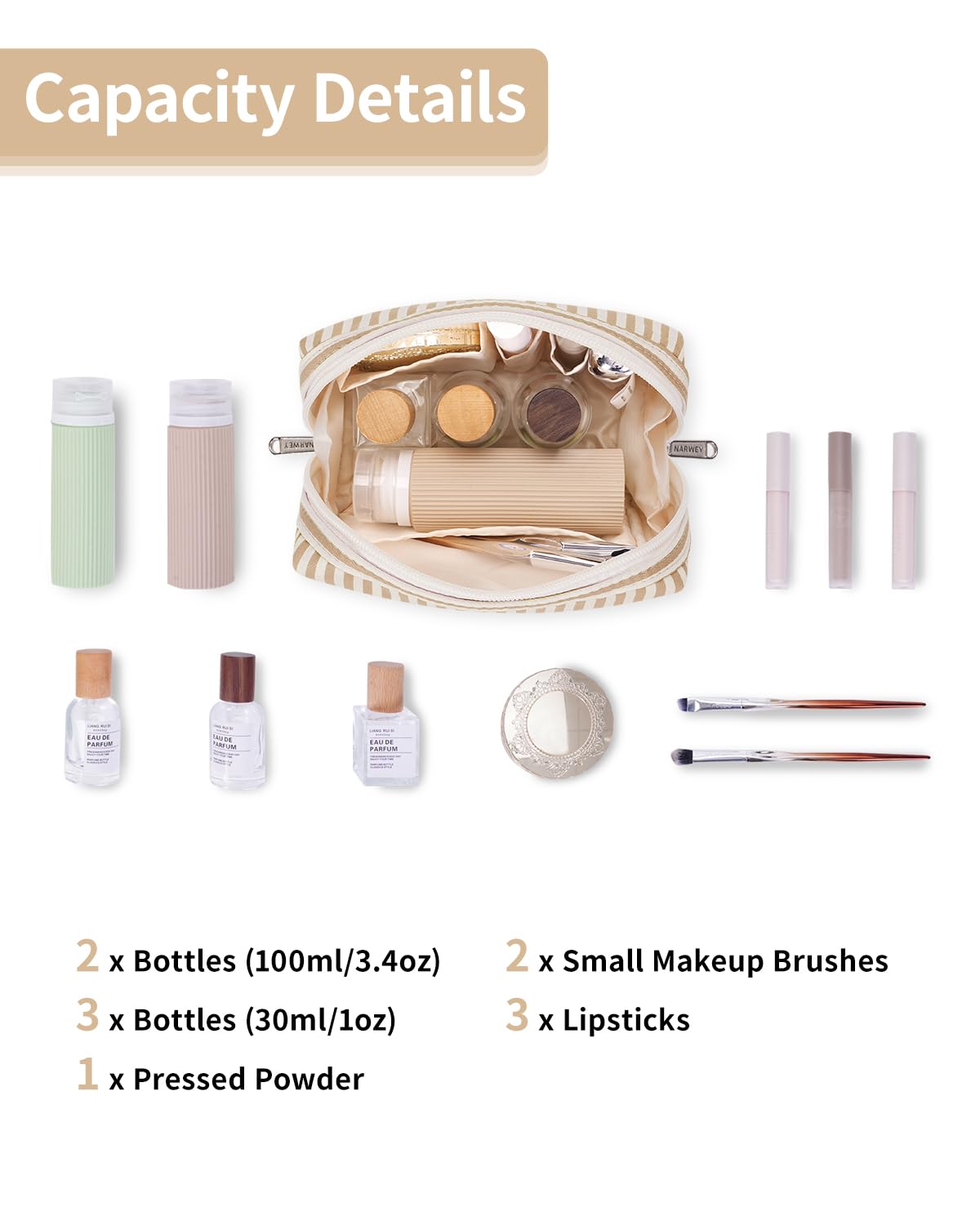 Narwey Small Striped Makeup Bag opened showing compartments