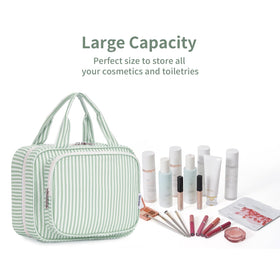 Narwey Striped Hanging Toiletry Bag displayed on a bathroom counter