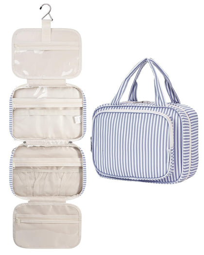 Narwey Striped Hanging Toiletry Bag front view in greyish blue stripe