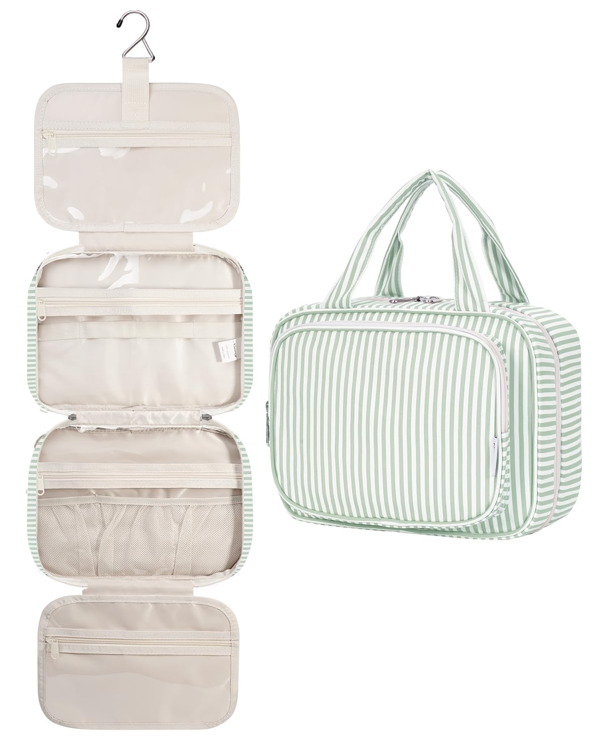 Narwey Striped Hanging Toiletry Bag front view in Mint Green Stripe