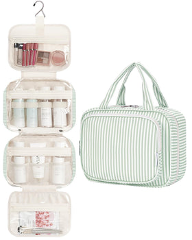 Narwey Striped Hanging Toiletry Bag open showing multiple compartments
