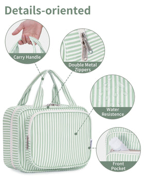 Narwey Striped Hanging Toiletry Bag packed with travel-size toiletries