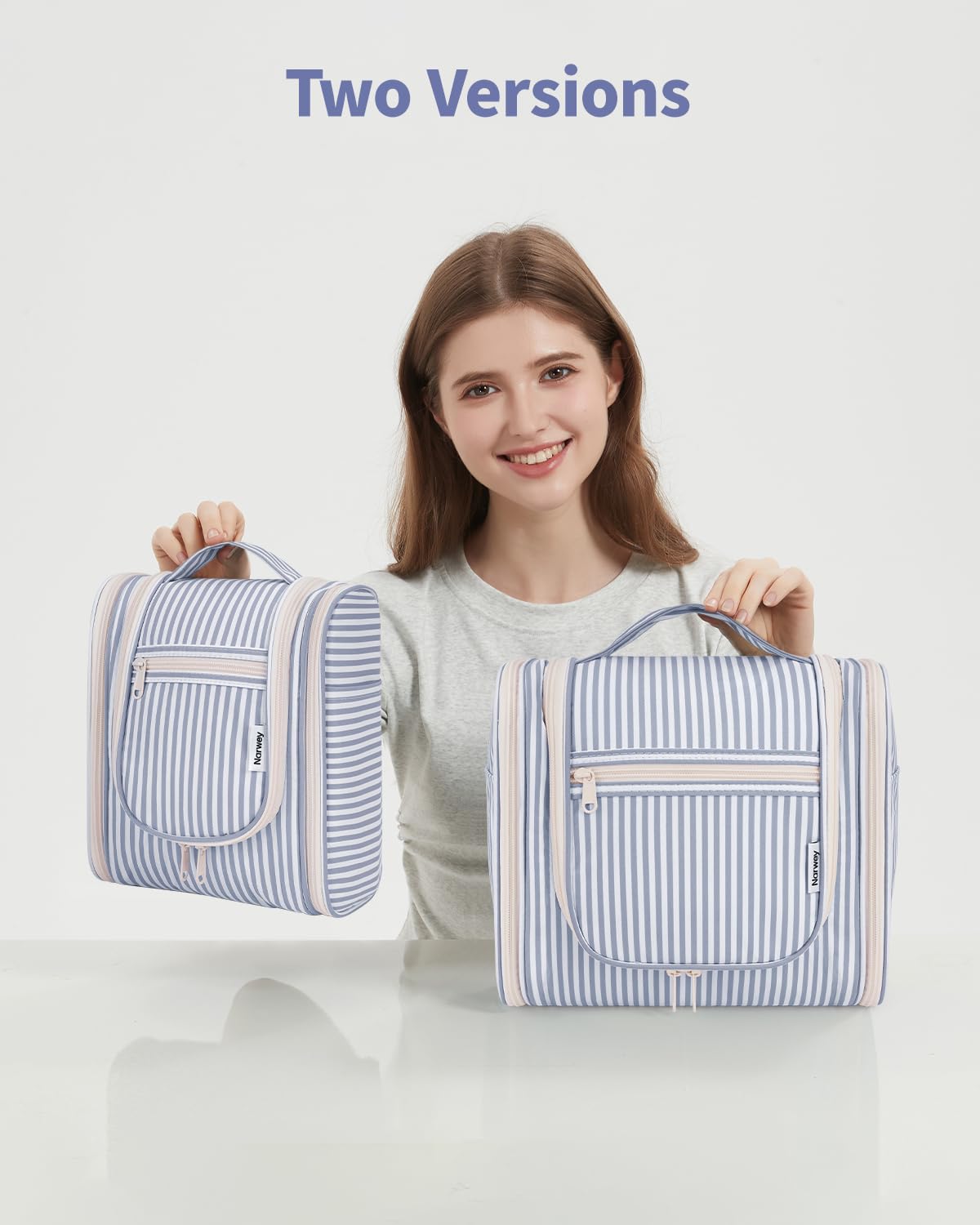Narwey Striped Hanging Travel Toiletry Bag displayed on a bathroom counter