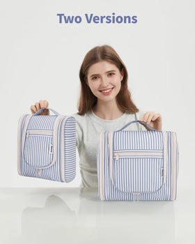 Narwey Striped Hanging Travel Toiletry Bag displayed on a bathroom counter