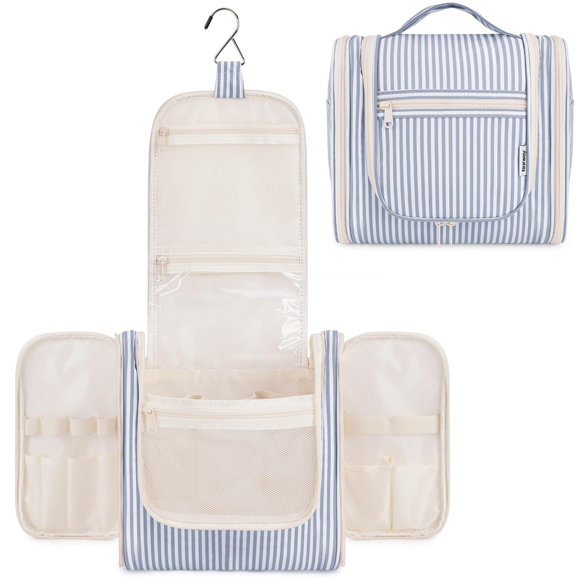 Narwey Striped Hanging Travel Toiletry Bag front view in greyish blue