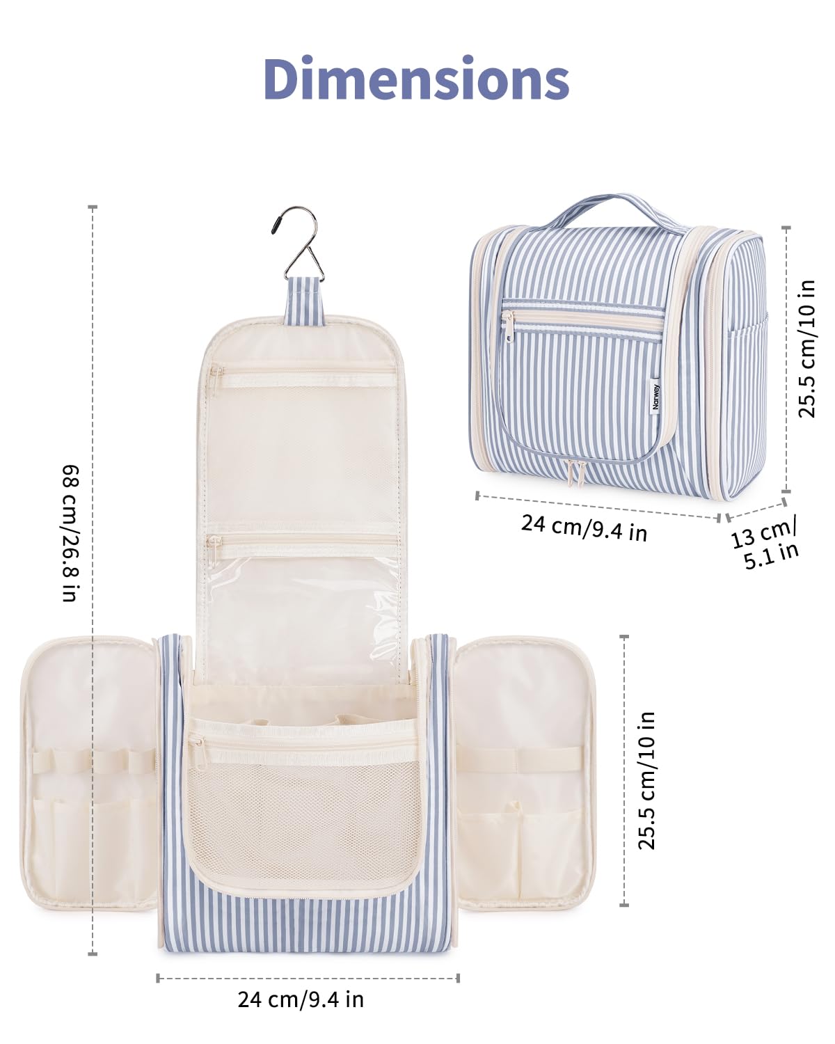Narwey Striped Hanging Travel Toiletry Bag packed flat for travel