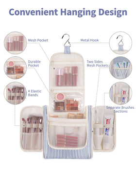 Narwey Striped Hanging Travel Toiletry Bag with open compartments showing organisation