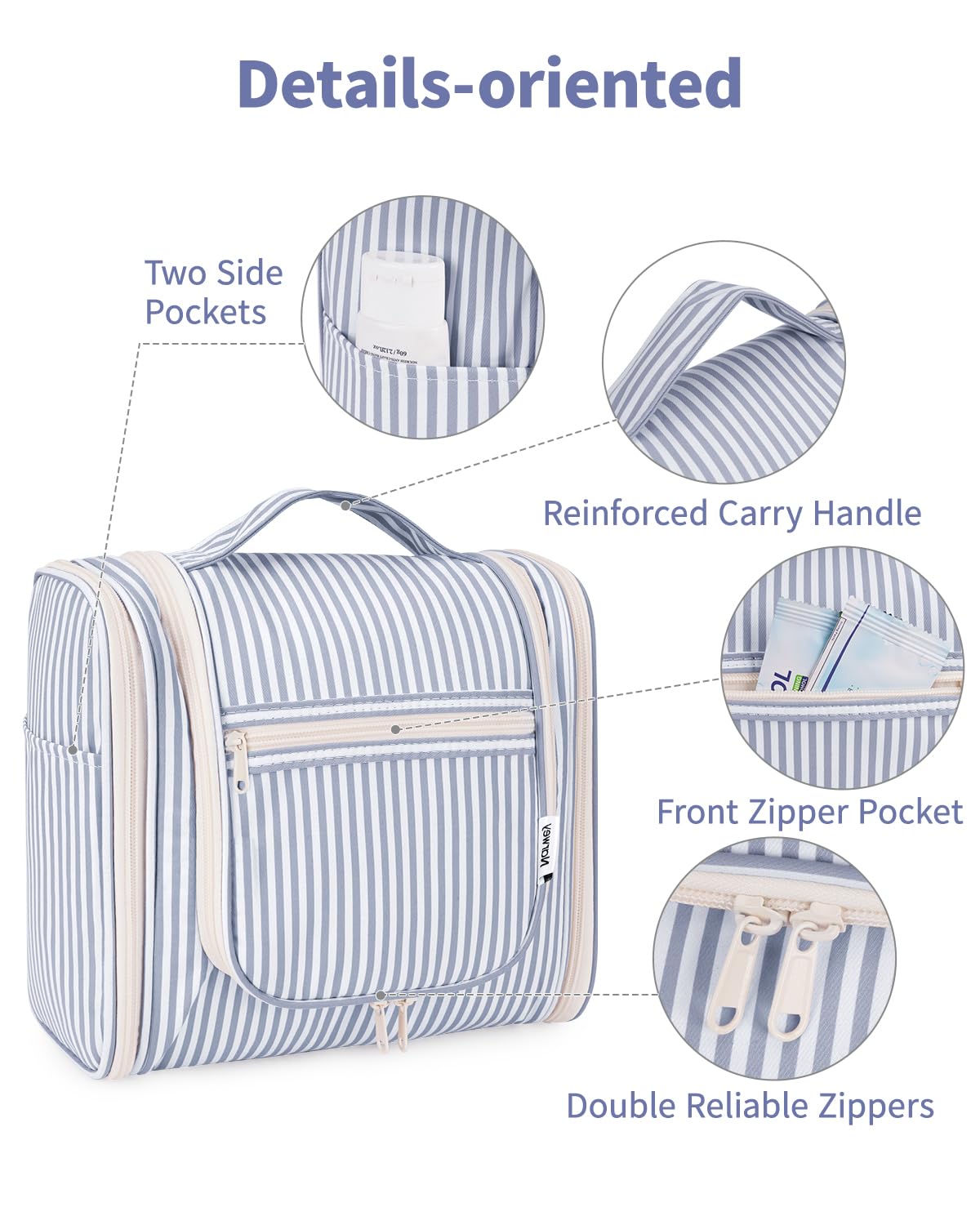 Narwey Striped Hanging Travel Toiletry Bag with toiletries inside