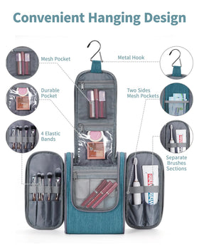 Narwey Toiletry Bag hanging from a hook showing organised cosmetics
