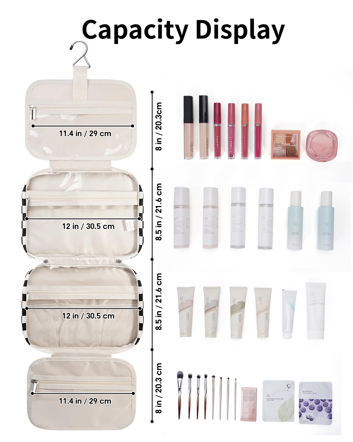 Narwey Toiletry Bag with full-size shampoo and cosmetics inside