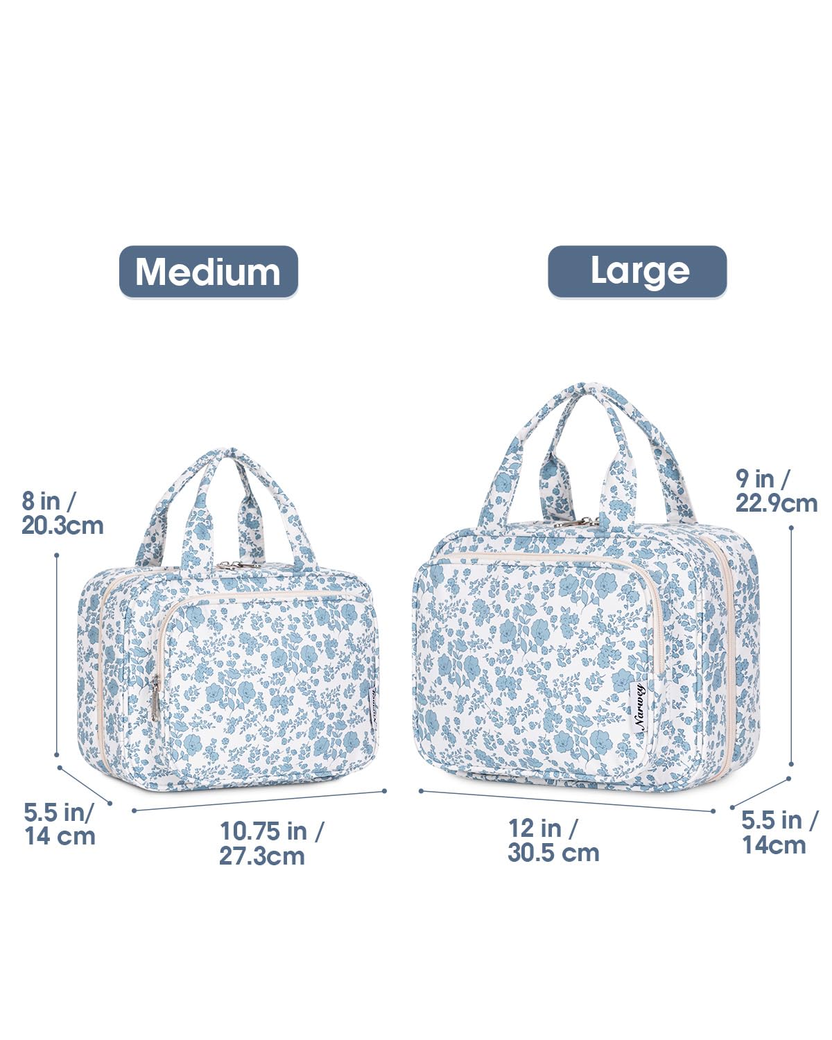 Narwey Travel Toiletry Bag Large Blue Flower open with compartments