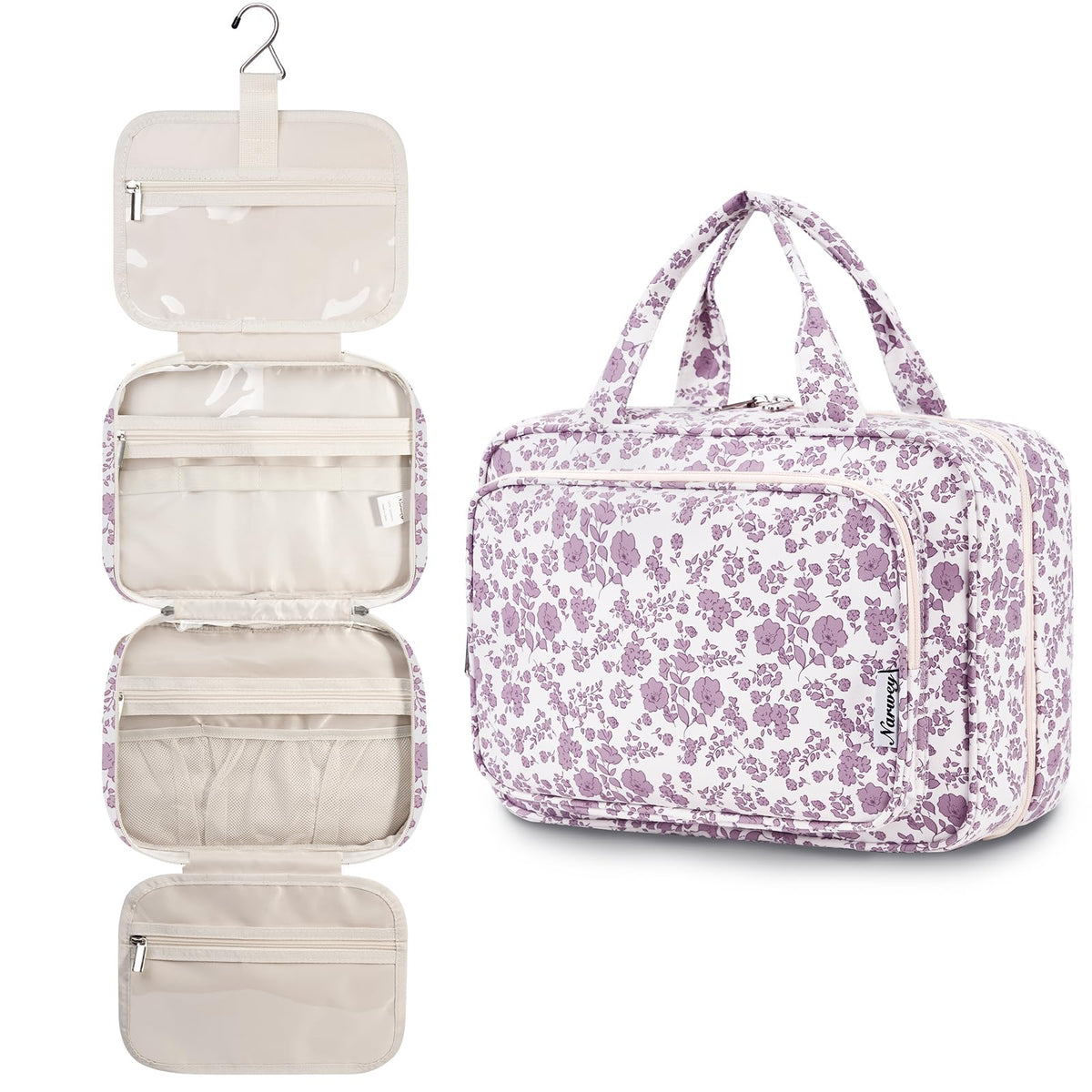 Narwey Travel Toiletry Bag large dusty pink flower close-up of zippers