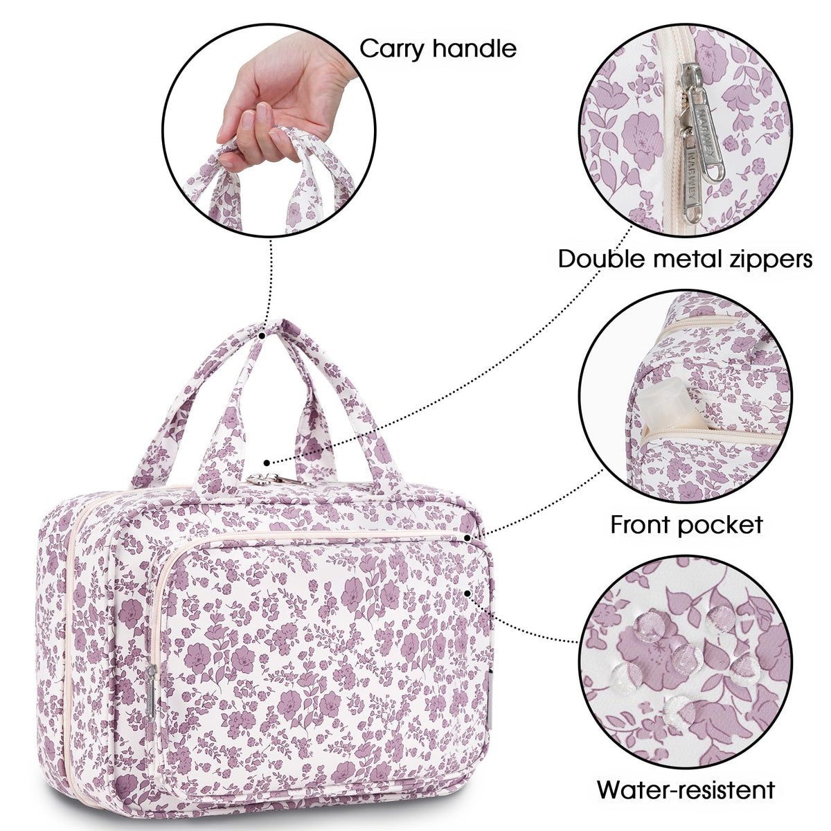 Narwey Travel Toiletry Bag large dusty pink flower with toiletries inside