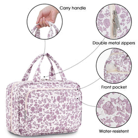 Narwey Travel Toiletry Bag large dusty pink flower with toiletries inside