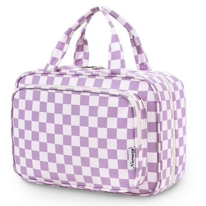 Narwey Travel Toiletry Bag large hanging makeup organiser in purple checkerboard