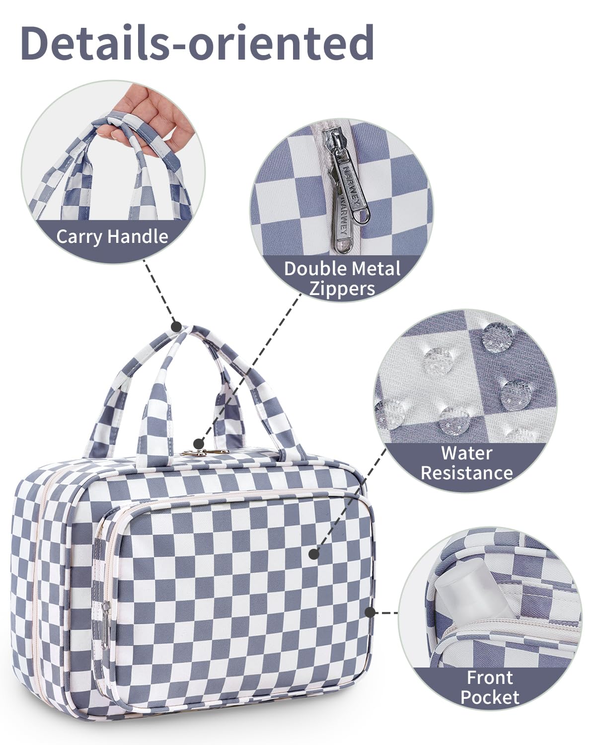 Narwey Travel Toiletry Bag large hanging makeup organizer grey blue dimensions