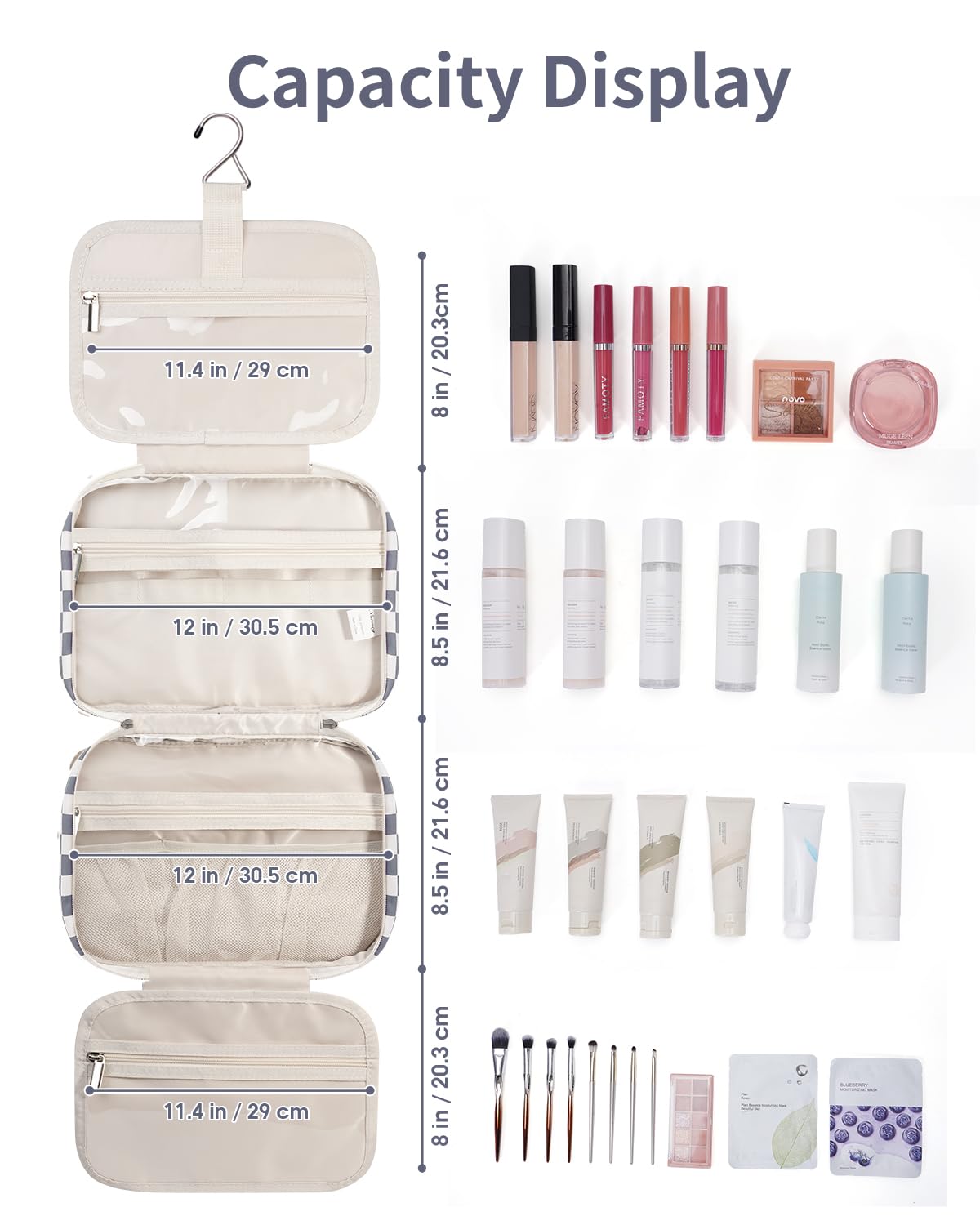 Narwey Travel Toiletry Bag large hanging makeup organizer grey blue fabric detail