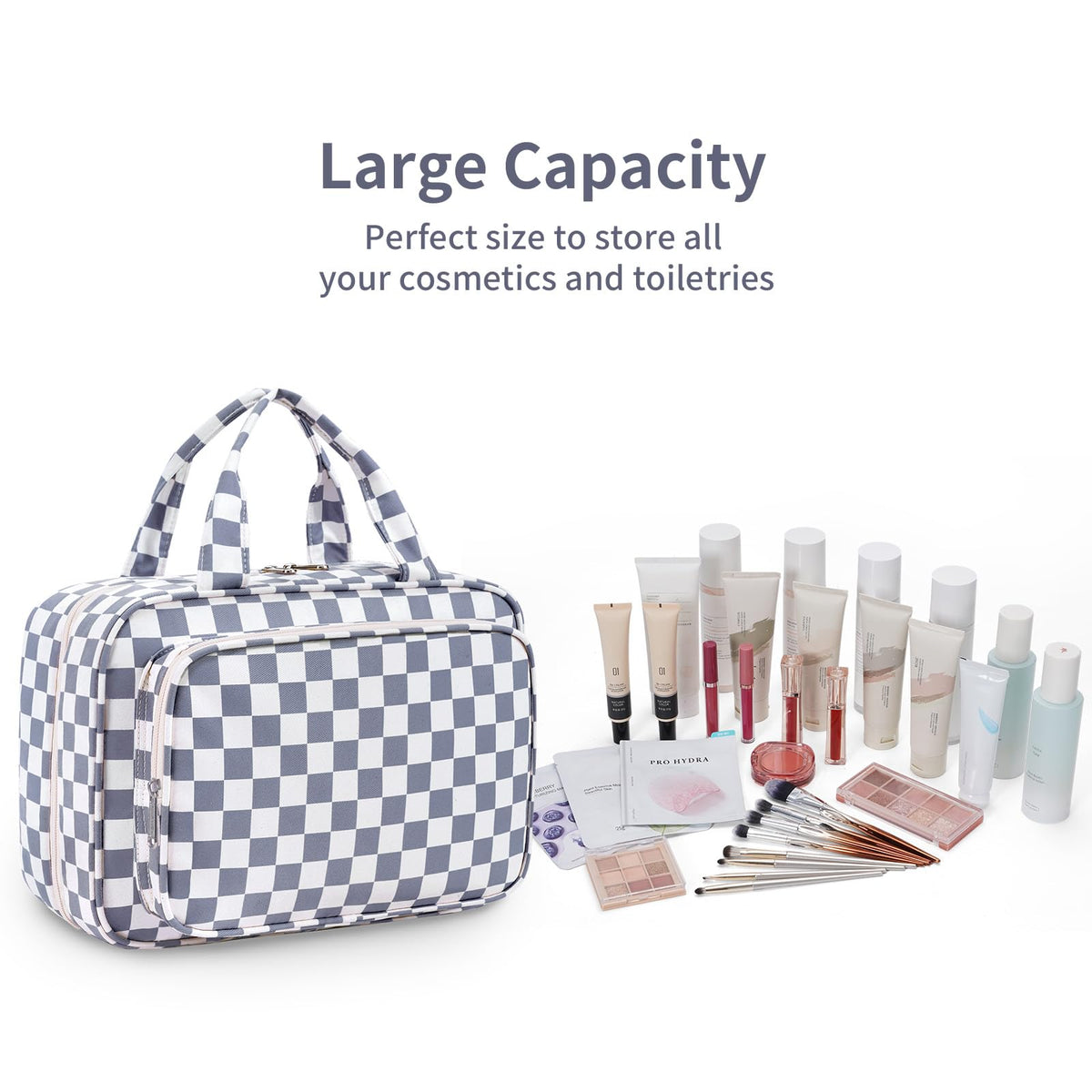 Narwey Travel Toiletry Bag large hanging makeup organizer grey blue filled with toiletries