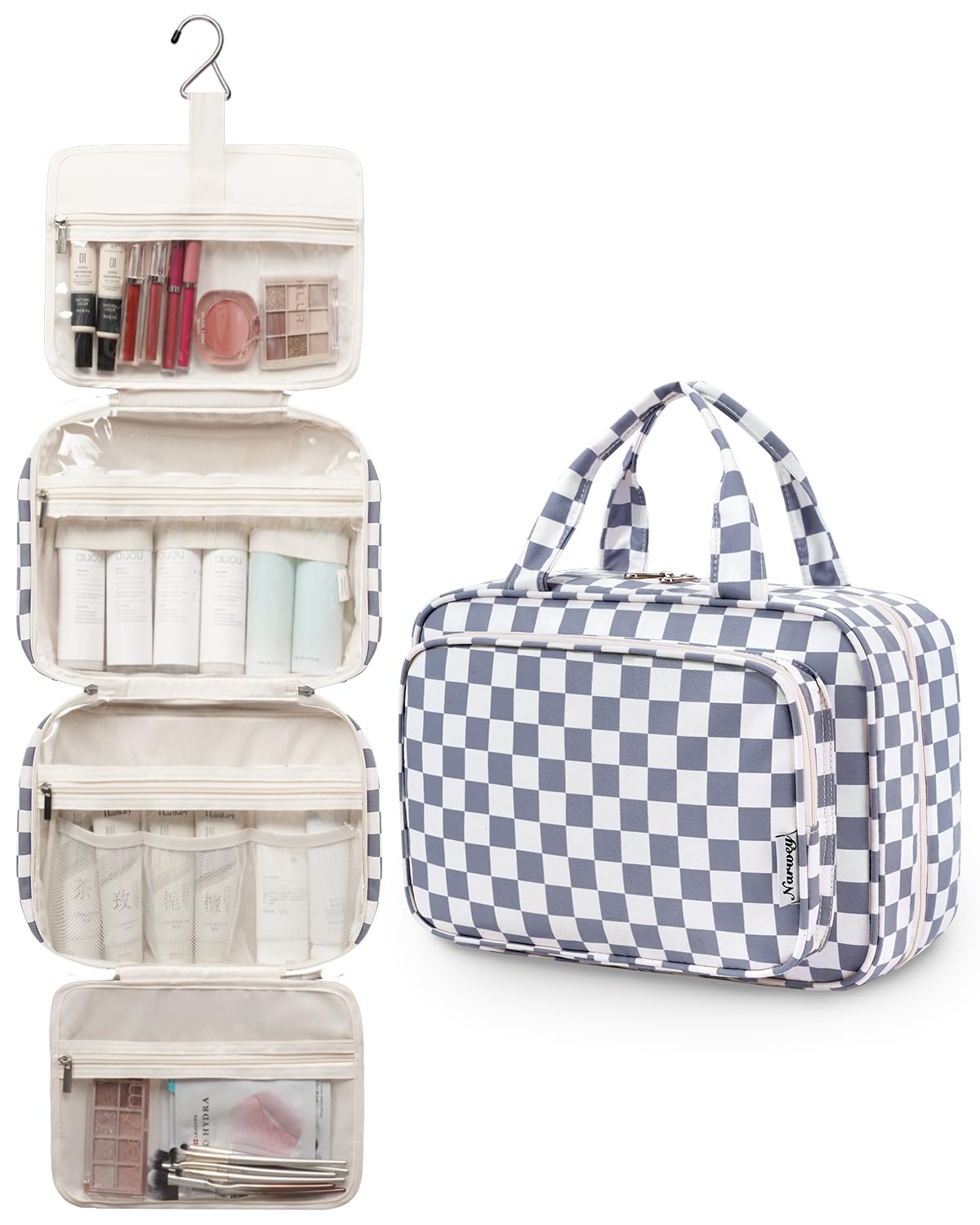 Narwey Travel Toiletry Bag large hanging makeup organizer grey blue hanging from a hook