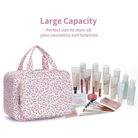 Narwey Travel Toiletry Bag Large Pink Flower in a travel setting