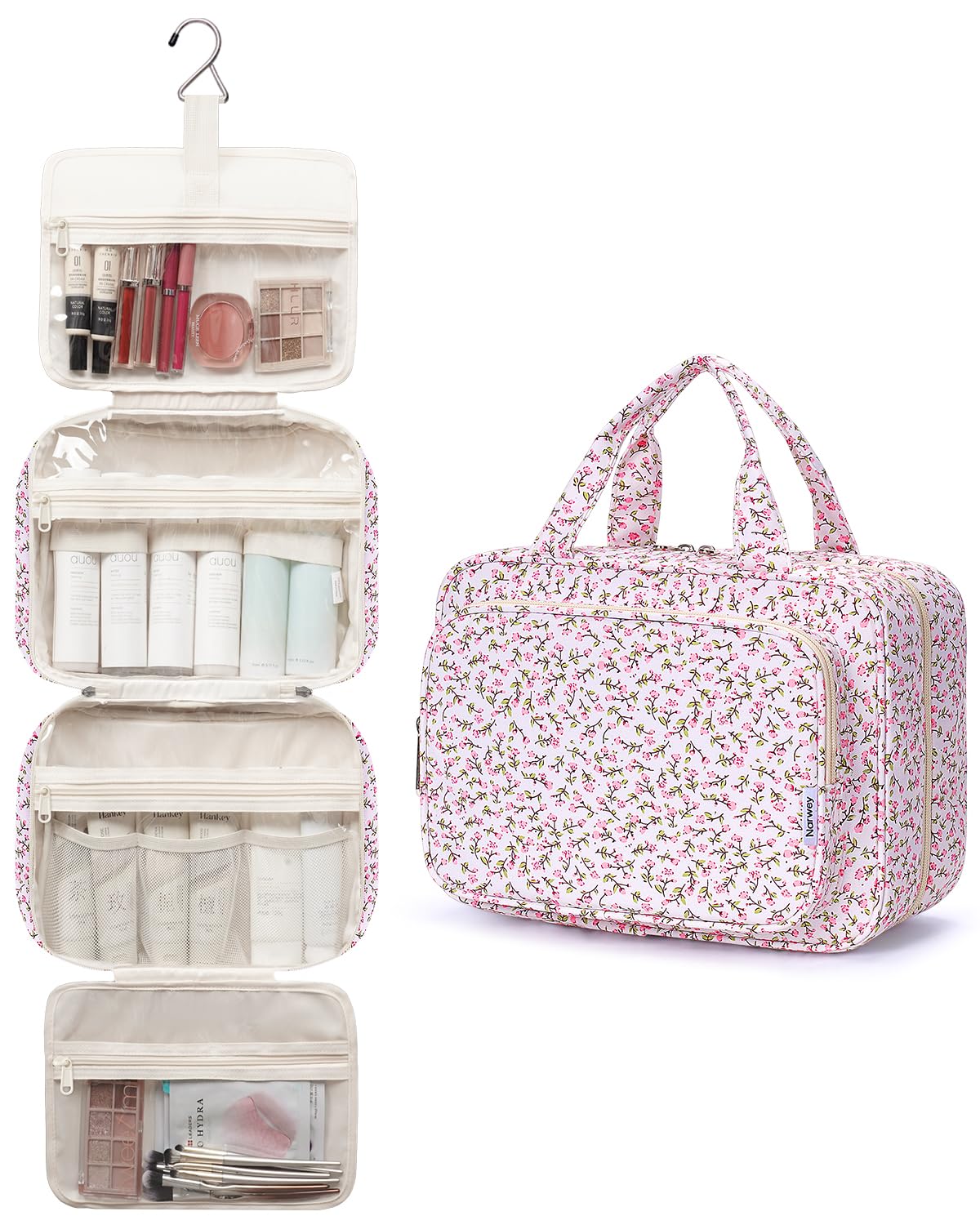 Narwey Travel Toiletry Bag Large Pink Flower side view