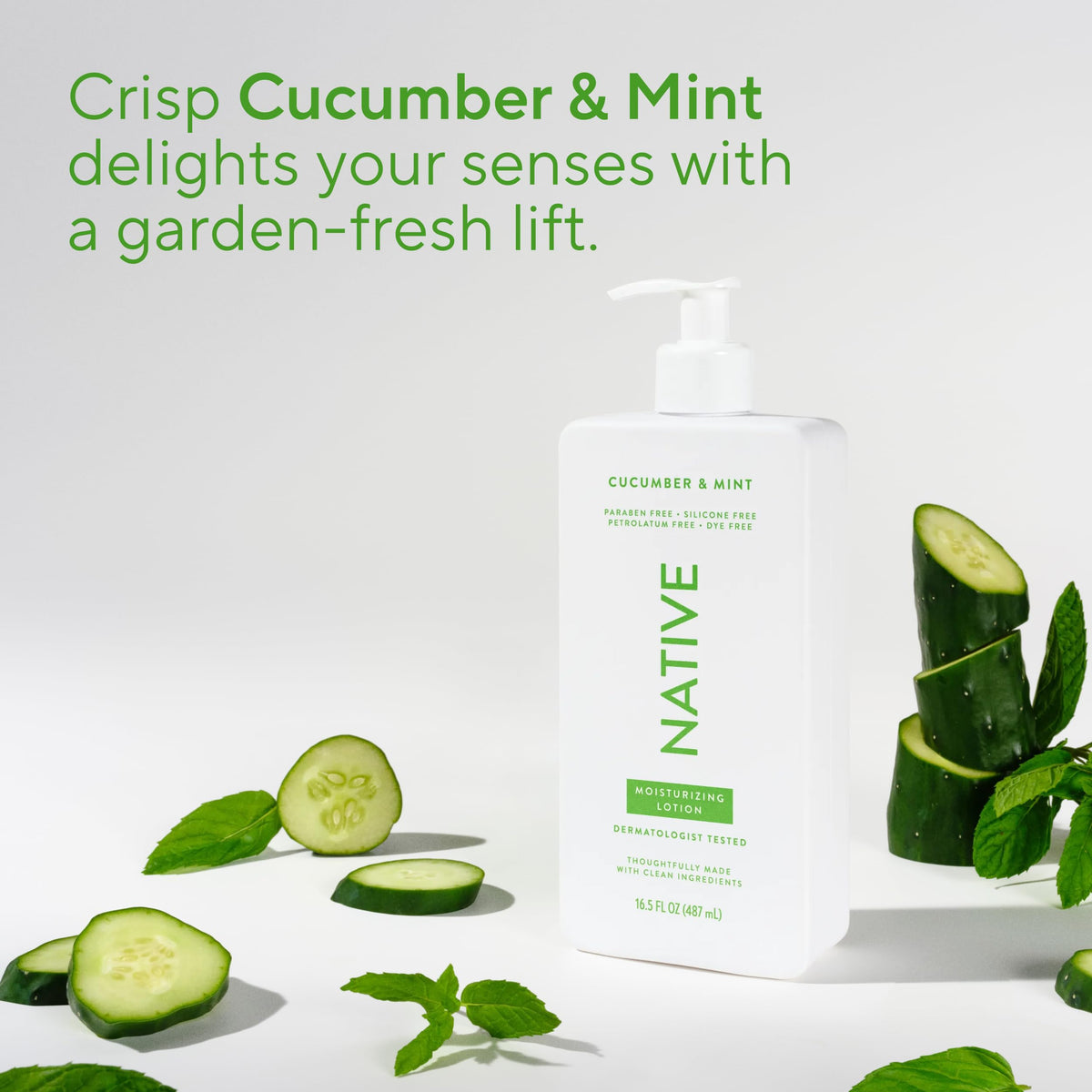 Native Body Lotion Cucumber & Mint on a bathroom counter
