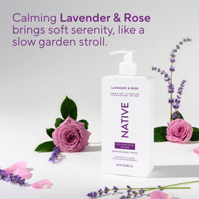 Native Body Lotion Lavender & Rose lifestyle scene on bathroom shelf