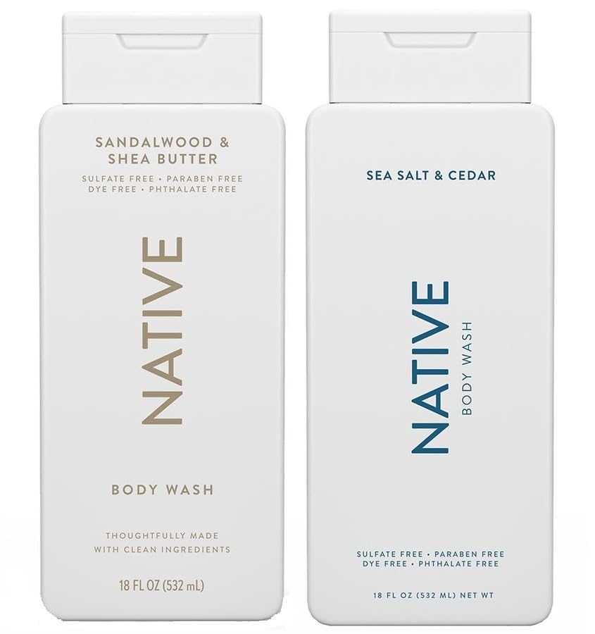 Native Body Wash 2-Pack featuring Sandalwood & Shea Butter and Sea Salt & Cedar bottles