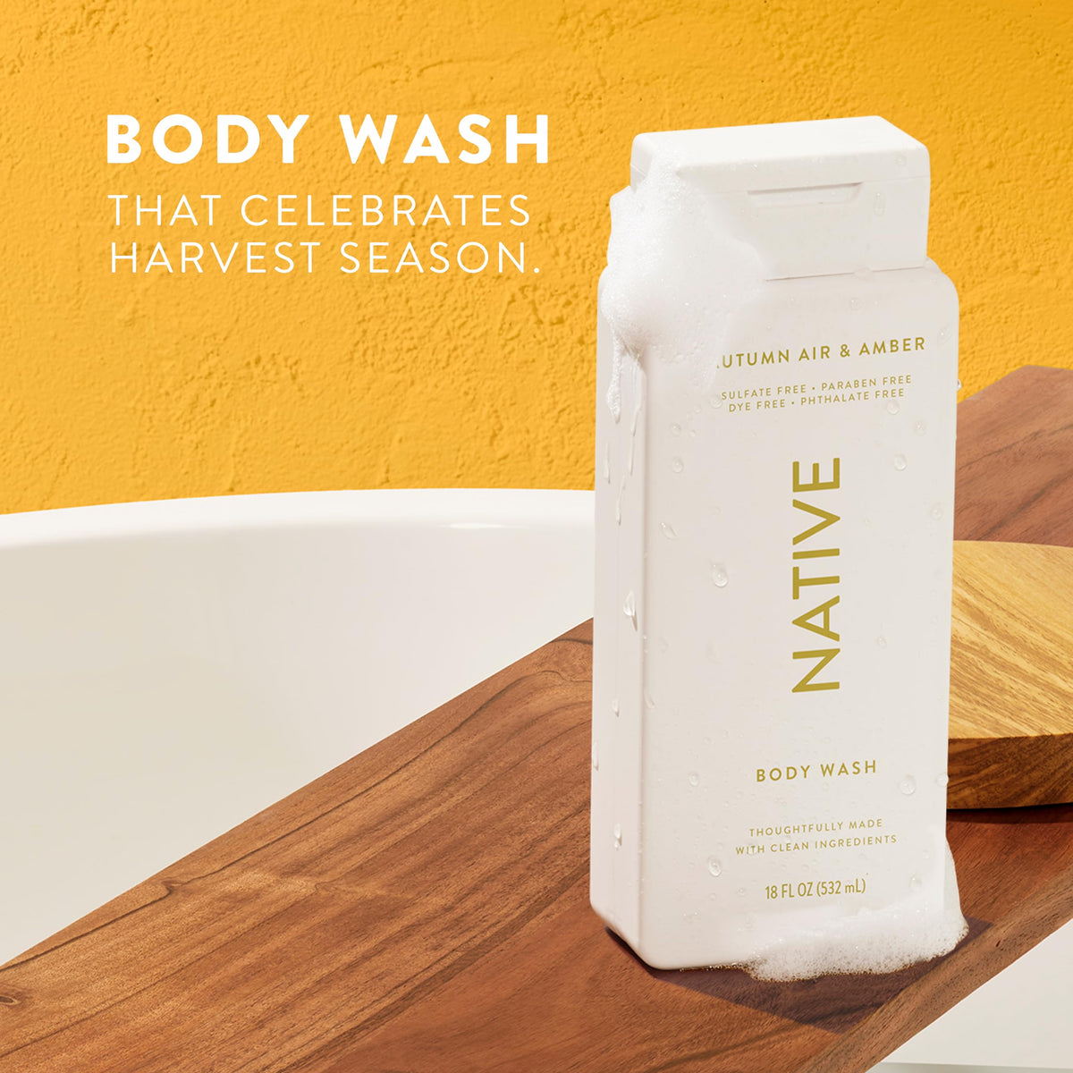 Native Body Wash Autumn Air & Amber back view, ingredient list