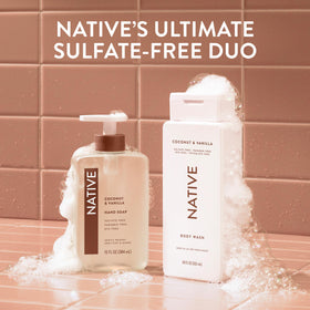 Native Body Wash Coconut & Vanilla 36 oz bottle with tropical background