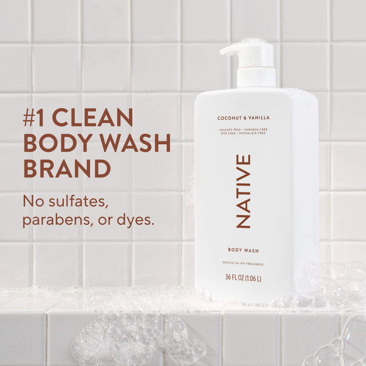 Native Body Wash Coconut & Vanilla 36 oz pump bottle side view