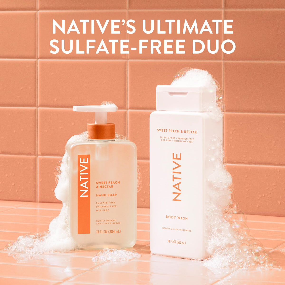 Native Body Wash Sweet Peach & Nectar family using in shower