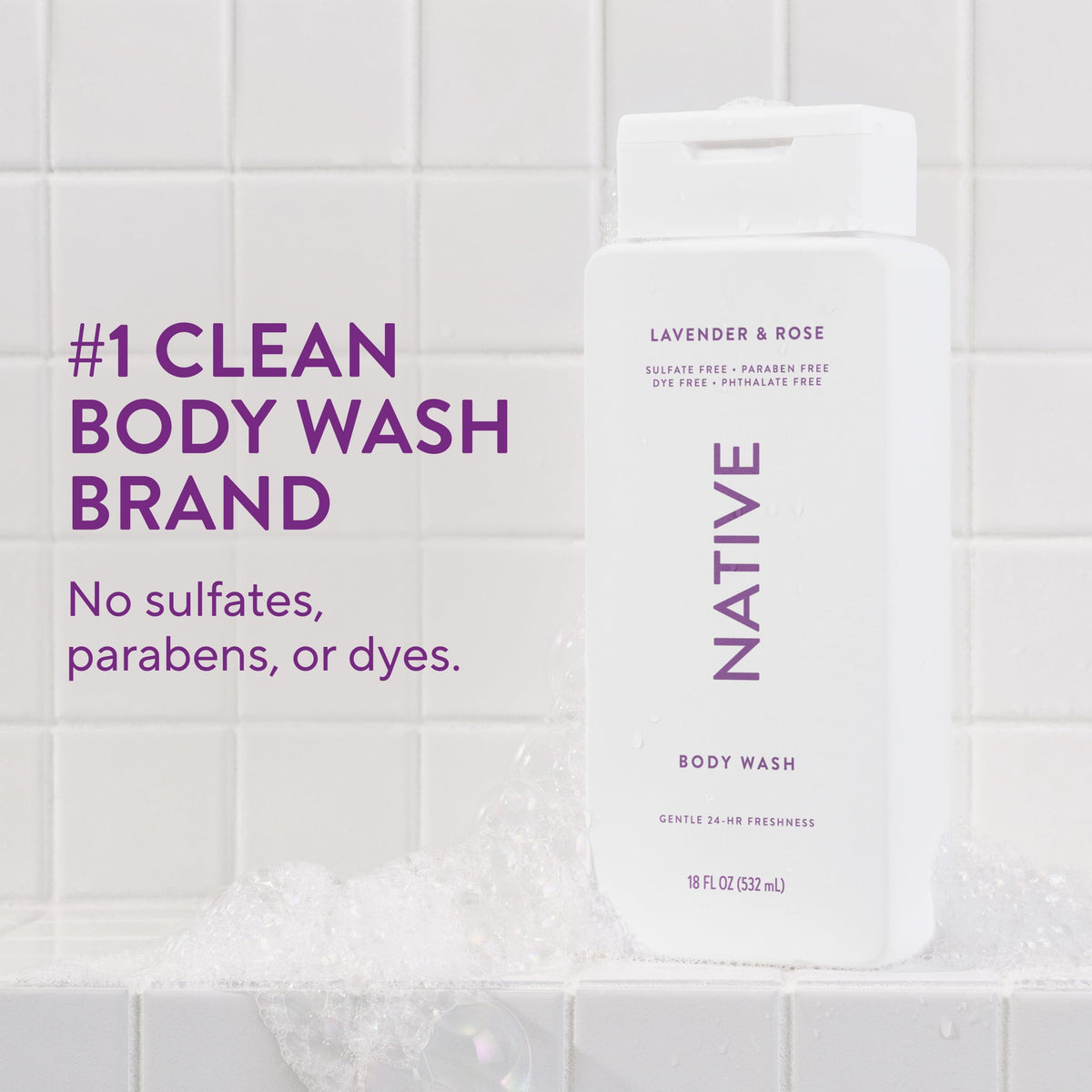Native Clean Body Wash Lavender & Rose bottle side view