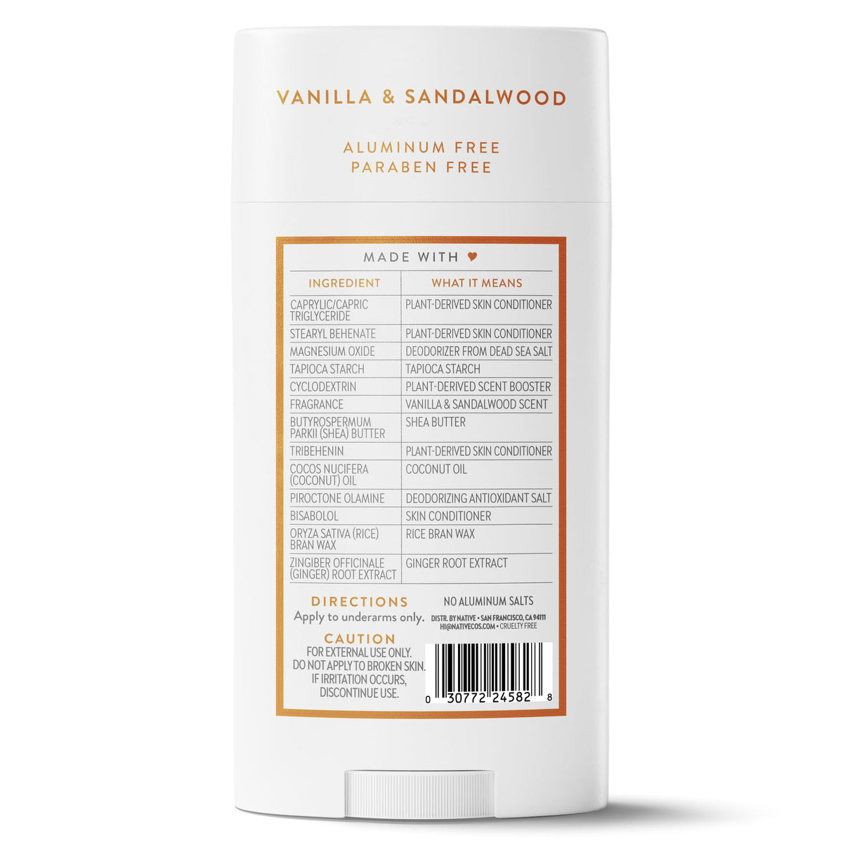 Native Deodorant Stick Vanilla & Sandalwood ingredients list