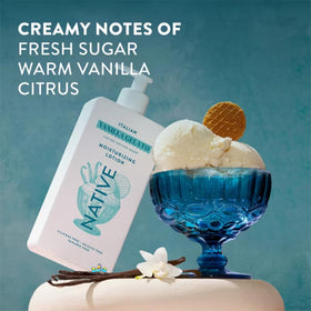 Native lotion bottle with citrus and vanilla gelato background